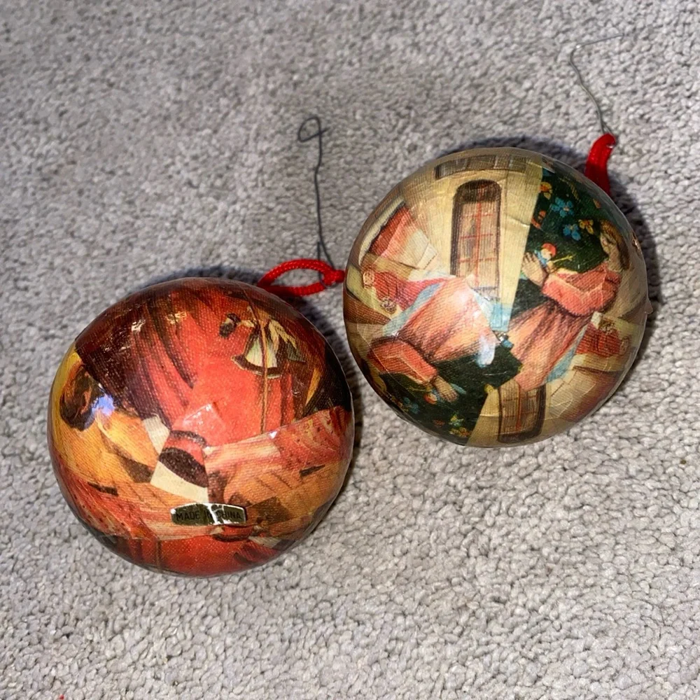 Vintage Decoupage Paper Mache Christmas Ornaments Set‎ Of 2
